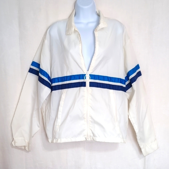 Y2k Vintage Cap'n Jac White Nylon Windbreaker with Blue Stripes Size Large - Picture 1 of 7